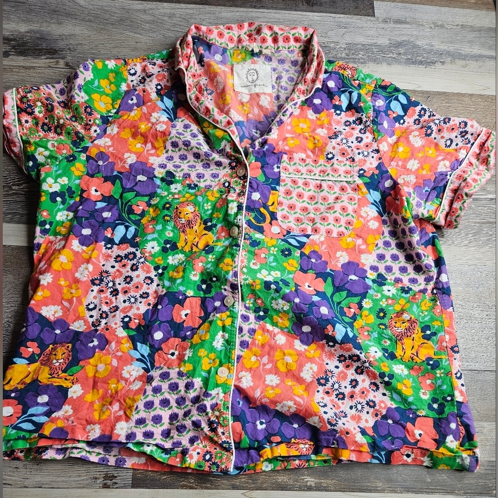 PrintFresh Anthropologie Flower Power Colorblock Pajama Top Large Lions Rare